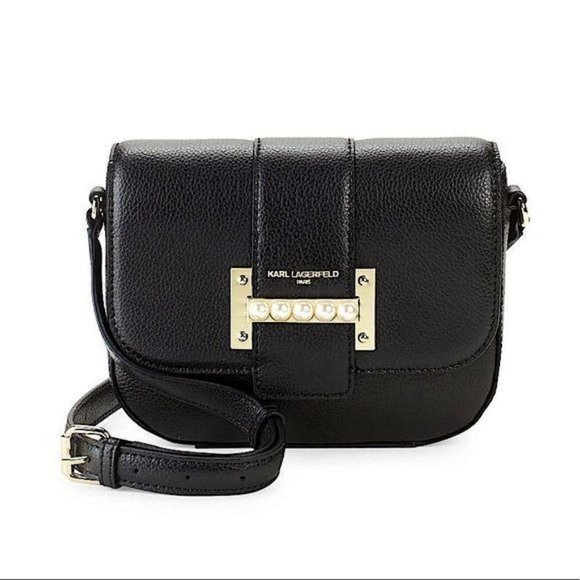 Karl Lagerfeld Handbags - KARL LAGERFELD Pearl stud embellished rounded Black leather Crossbody bag EUC